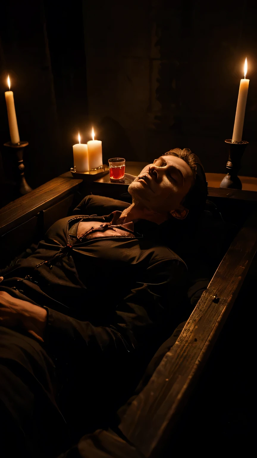 An old vampire in his coffin resting after drinking blood. Dim lighting with candles. Front view 