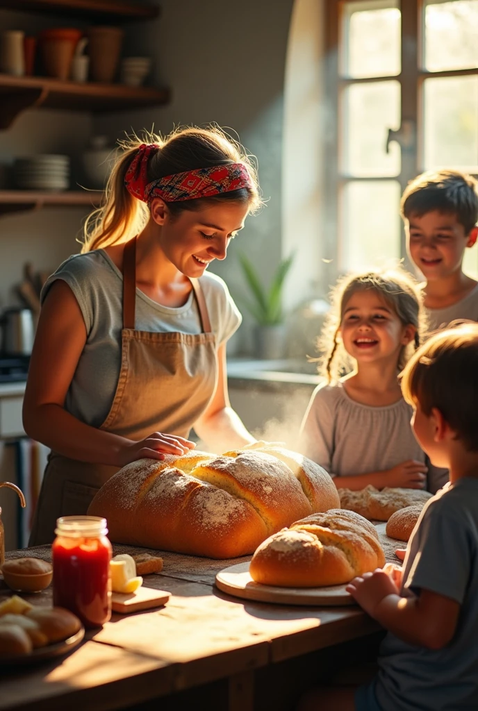 homely family taking sliced bread out of the oven