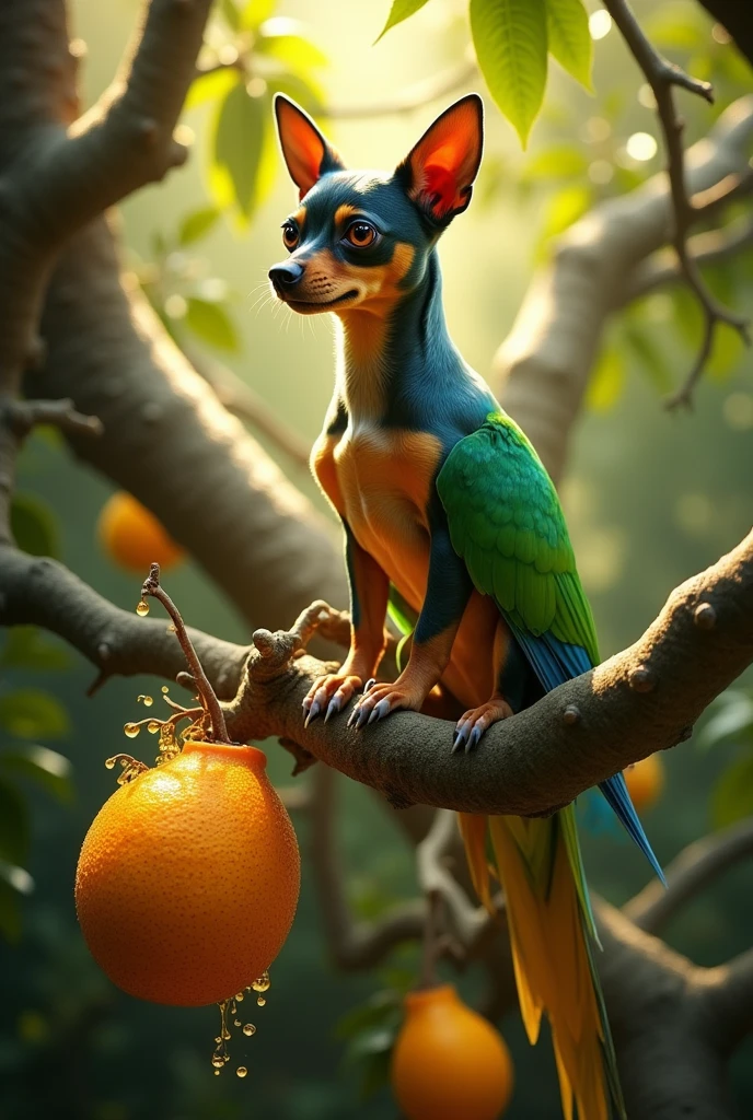 Pass me a drawing of a pinscher mixed with a parakeet on top of a jackfruit tree crying orange tears