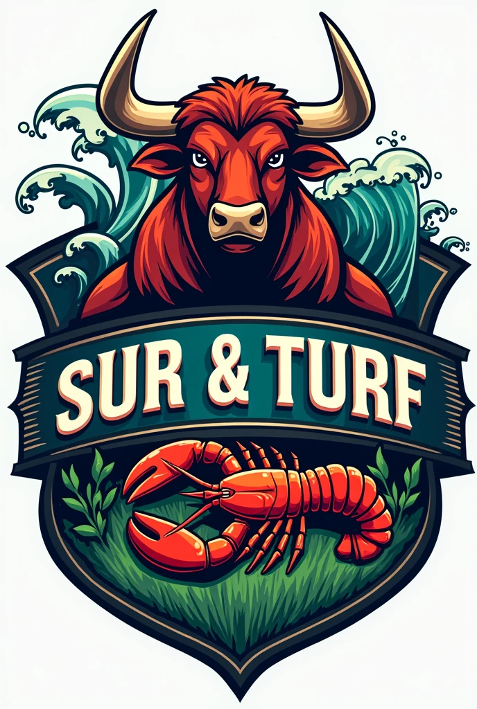 Football shield with the name Sur And Turf with the symbols of a lobster and a bull