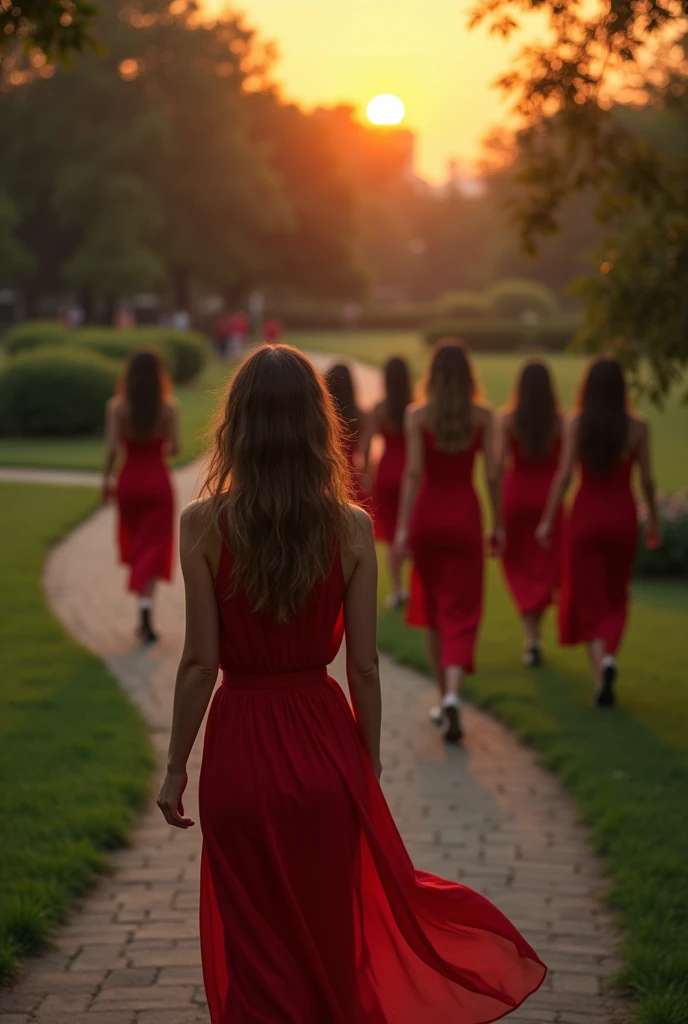 (photorealism:1.2), a group of woman following and stalking a woman from her back, from very far away