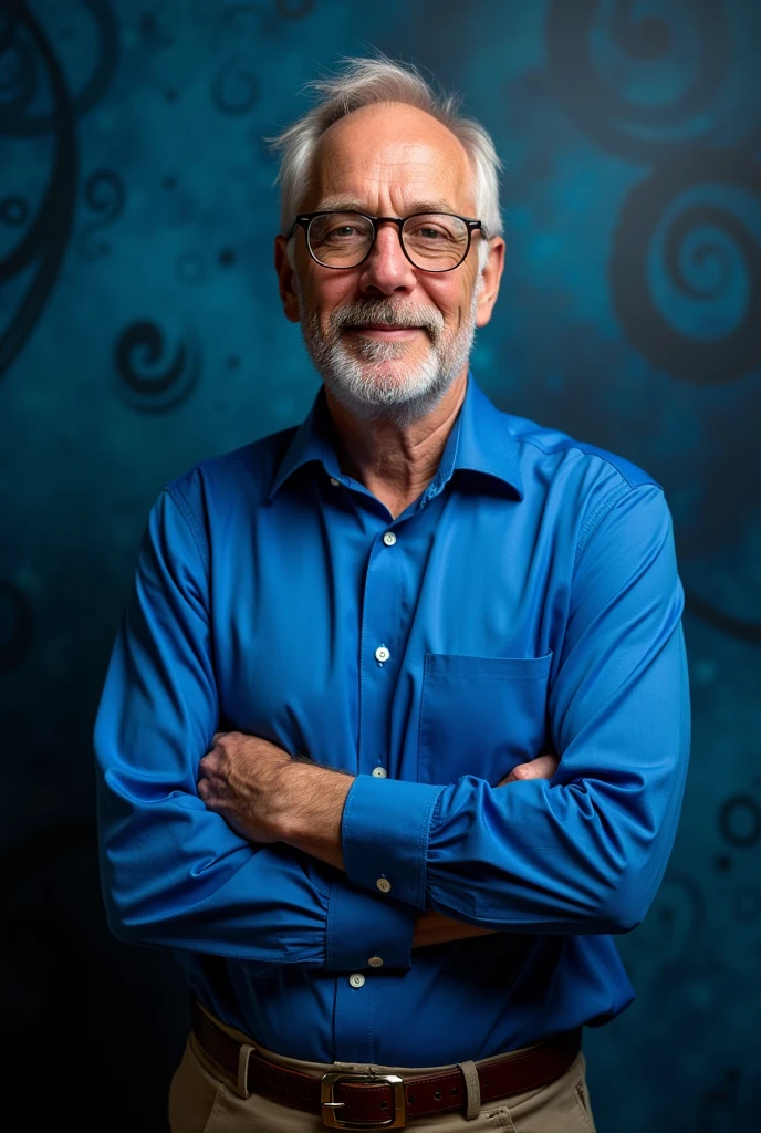 Can you make a picture of David Jonathan Andrew Held was a British political scientist who specialised in political theory and international relations. standing with blue shirt and with a blue theme make him a cool pose 