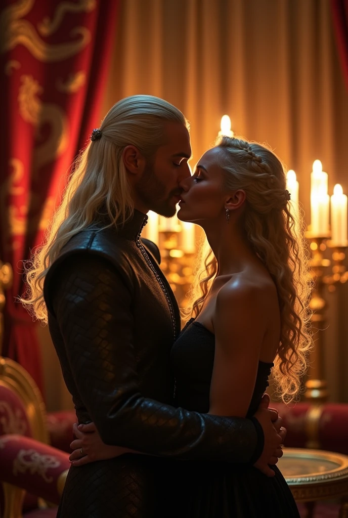 A naked Handsome Aesthetic Targaryen Prince with Platinum blonde hair kissing another Handsome naked Targaryen Prince with curly platinum blonde hair,with a hot royal room background 