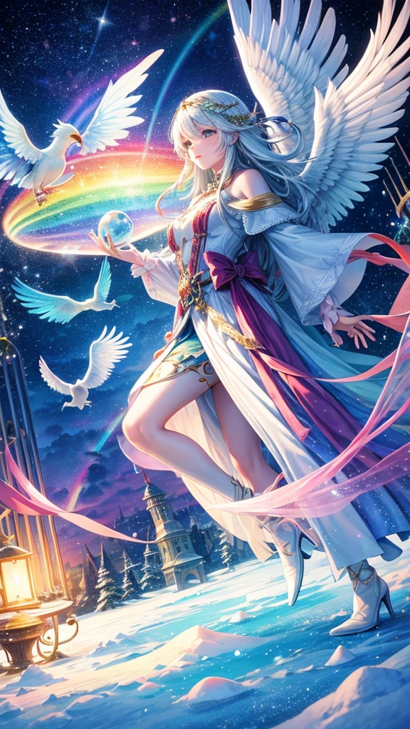 Fantasy Inside the snow globe Rainbow and clouds A landscape with colorful birds and angels flying around