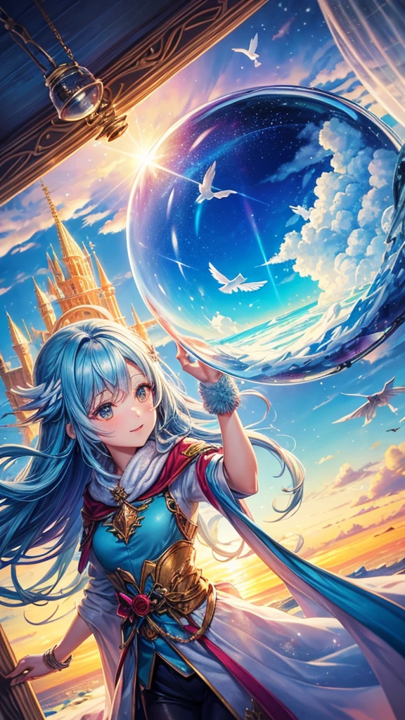 Fantasy Inside the snow globe Rainbow and clouds A landscape with colorful birds and angels flying around