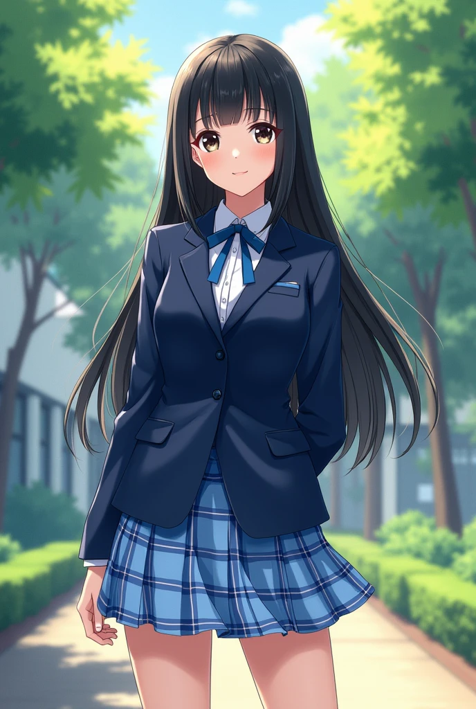 Black-haired Japanese high school girl。

The uniform is a blazer and the top is navy blue, giving it a realistic, photo-like feel.。
The skirt is light blue and navy checkered.。
The length of the skirt is a little short, the hair is long enough to reach the waist, and the bangs are long enough to cover the eyebrows. She looks like she could be in Nogizaka46. It&#39;s a realistic and elaborate painting style.