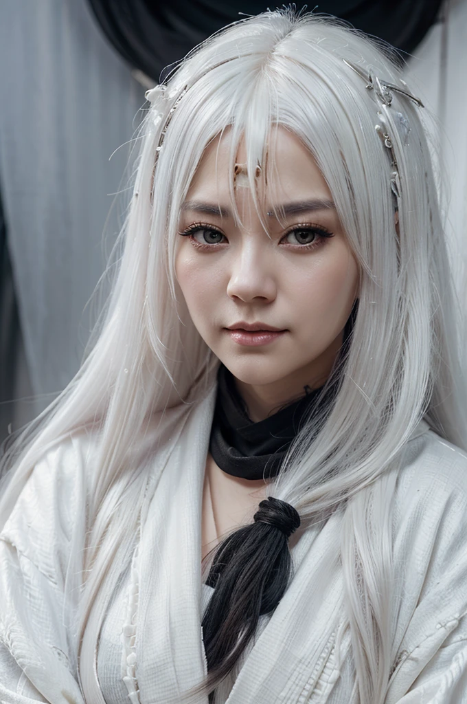 a close up of a woman with white hair and a black scarf, a character portrait of Yang J, winner of the pixiv contest, Fantasyart, white haired deity, beautiful character painting, artwork in the style of guweiz, the piercing stare of yuki onna, Guweiz, with white long hair, with long white hair, loose hair and long clothes