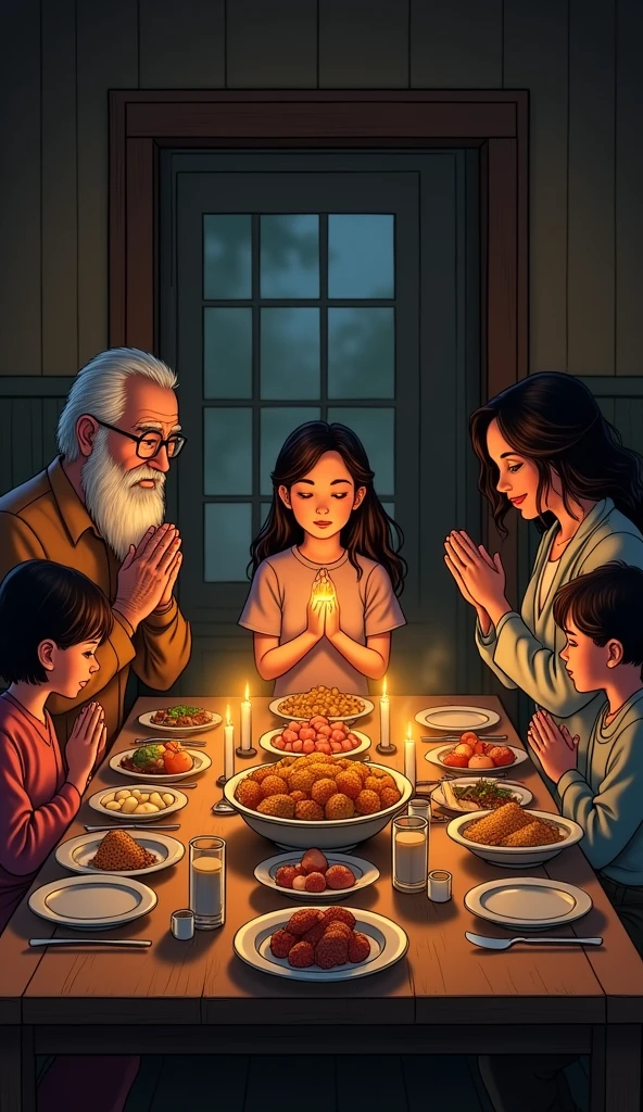 Make me a picture of a family praying before eating at a big table in comic style, that the image is a little dark and that the image is serious