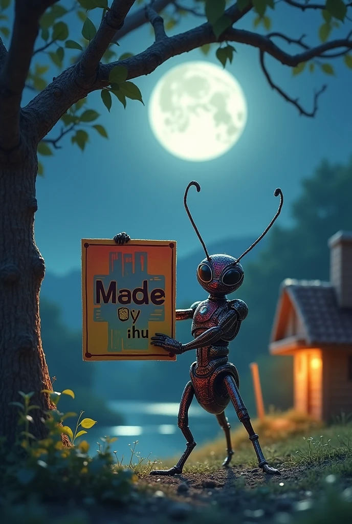 An ant which is wearing an ironman suit. Ant showing a poster. “Made by ihu” is written in the poster. The atmosphere if the ant is night. Moon in the sky, a small hut, a pond and a tree beside the pond .