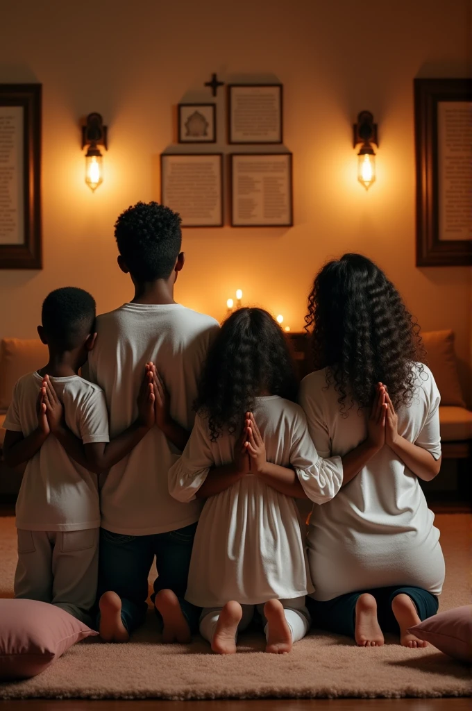 A dark-brown skinned family of 6 members kneeling down praying and worshipping God in their prayer room
