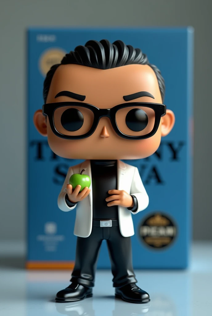 Create a Funko pop of a man with short hair on the sides, black frame glasses, black long sleeve high neck shirt and a white blazer, black pants, In his hand he must have a green apple and a laptop. The Funko must be presented outside of a blue box. "limited edition, that bears the name Tony Silva The box must allow the visualization of the Funko, Typography, The rendering must be in 3D with a photography studio background