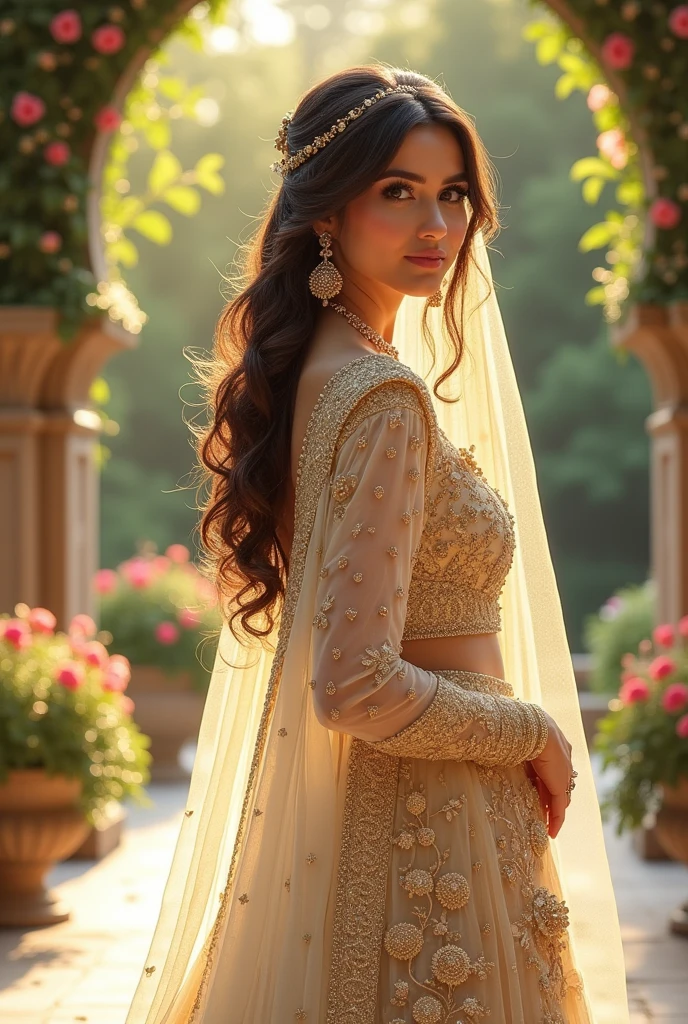 Full Illustration of a Pakistani nikkah bride in golden an white outift in open hairs
Illustration from her back