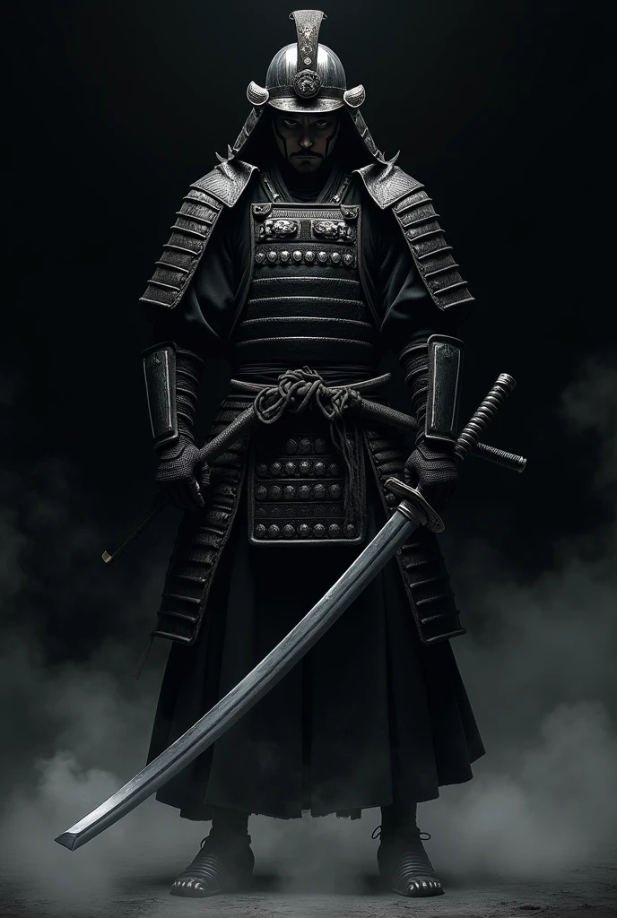 Black background image of an anime style samurai where he is seen with his large sword held in both hands 