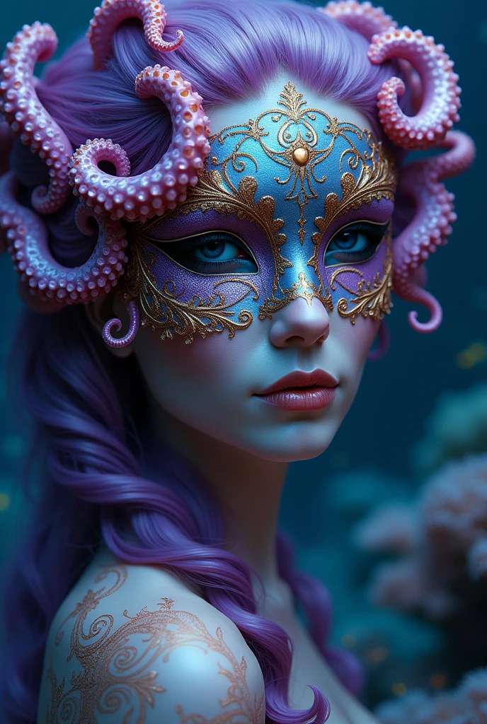 Create a female mask with lots of arabesques and purple and gold octopus tentacles, for a mermaid masquerade ball