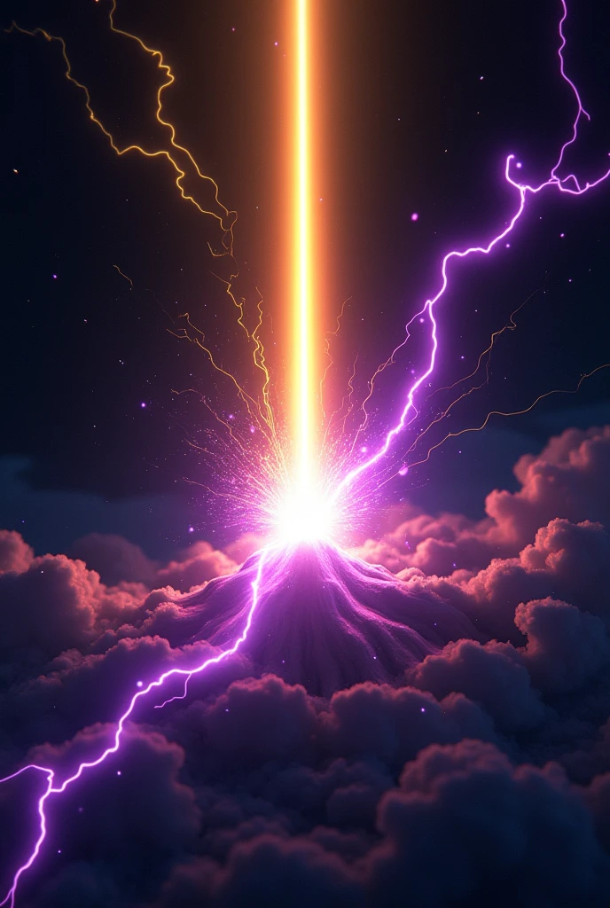 ((Best Quality)), ((masterpiece)), ((detailed)), ((High Definition)), An aura of a sharp golden-colored ray of magical light, crashing into ,a sharp purple electric aura. With a black background. in anime style.