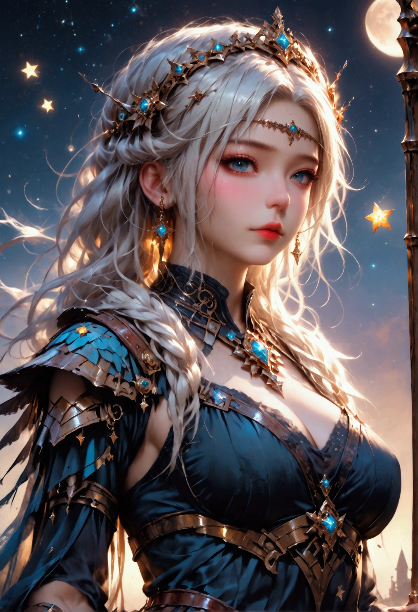 comic art, dnd art, rpg art, realistic art, female human druid of the stars, guardian of nature, controlling magical energy made of stars, swirling blue stary magical light, divine symbols, under the sky filled with stars, human female, busty, extremally beautiful, ultra feminine, dynamic hair, dynamic hair color, wearing leather armor, holding a staff, moon light, stars, dynamic natural background, RPG art, magical atmosphere magic-fantasy-sky full with colorful stars, high details, best quality, 16k, [ultra detailed], masterpiece, best quality, (extremely detailed), dynamic angle, ultra wide shot, photorealistic, ((fantasy art)) ultra best realistic, best details, best quality, 16k, [ultra detailed], masterpiece, best quality, (extremely detailed), ultra wide shot, photorealism, depth of field, hyper realistic painting, 3D rendering, rpg portrait