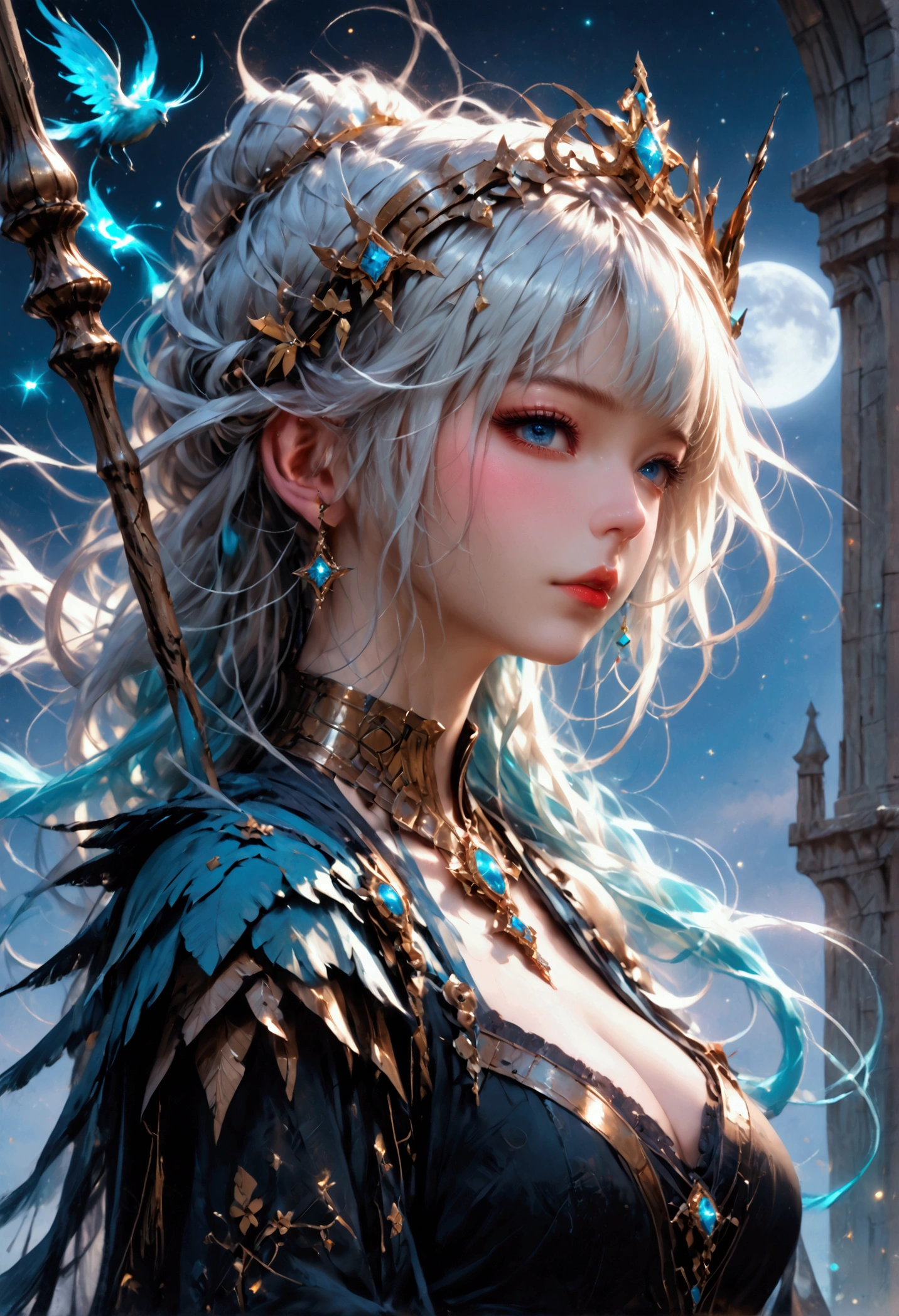 comic art, dnd art, rpg art, realistic art, female human druid of the stars, guardian of nature, controlling magical energy made of stars, swirling blue stary magical light, divine symbols, under the sky filled with stars, human female, busty, extremally beautiful, ultra feminine, dynamic hair, dynamic hair color, wearing leather armor, holding a staff, moon light, stars, dynamic natural background, RPG art, magical atmosphere magic-fantasy-sky full with colorful stars, high details, best quality, 16k, [ultra detailed], masterpiece, best quality, (extremely detailed), dynamic angle, ultra wide shot, photorealistic, ((fantasy art)) ultra best realistic, best details, best quality, 16k, [ultra detailed], masterpiece, best quality, (extremely detailed), ultra wide shot, photorealism, depth of field, hyper realistic painting, 3D rendering, rpg portrait