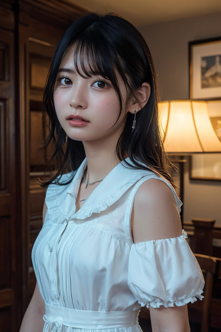 (Highest quality:1.4),(masterpiece:1.4),(Realistic:1.4),(Realistic:1.2),(超High resolution, RAW Photos:1.4),(High resolution, Ultra-detailed:1.2),(8k:1.2),View your viewers,Cinematic photography,One person,skeletally correct,Black-haired woman,Woman in her early 20s,(Small earrings,necklace,Ruffled frill collar dress),(Western-style building interior,Dimly lit room,The lamplight shines on my cheeks)