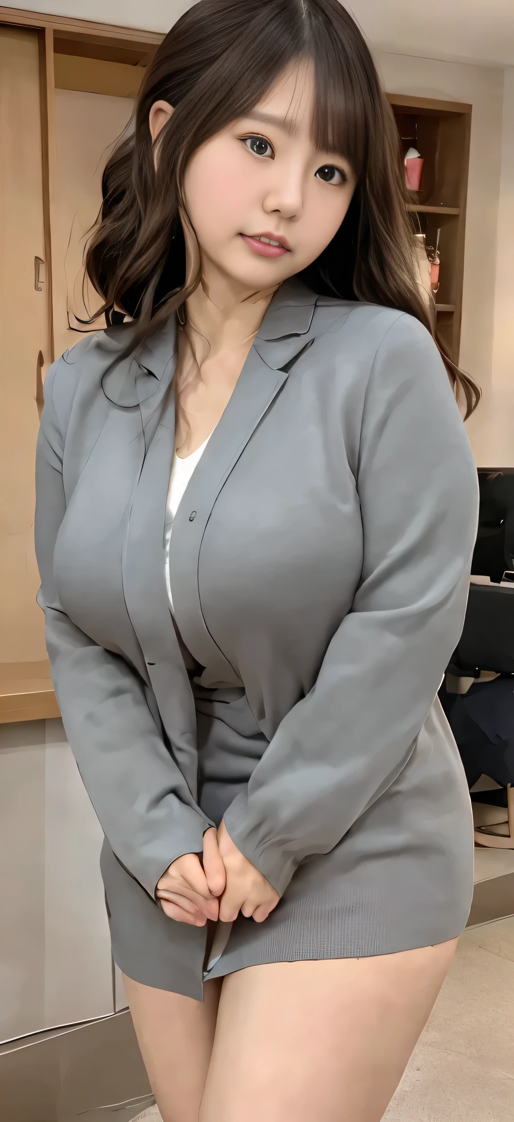 ((RAW quality, Highest quality, Highest quality, 8k)), Japanese ID, Mature Woman, ((Around 40 years old, slightly chubby, cute round face)),Black hair without bangs, Long Hair:1.65, Big twin ponytail:1.79, Flashy makeup, Fuller lips, Sexy Gaze, cute, ((dressing)), looking at the camera, Low angle shooting, cute duck mouth,((Very accurate and correct anatomy)), (masterpiece:1.3), Perfect Proportions, Realistic photos, Full Shot, whole body, ((height: 146cm)), High heels, loafers, (2 Foot, Two Arms), ((Panty shot))