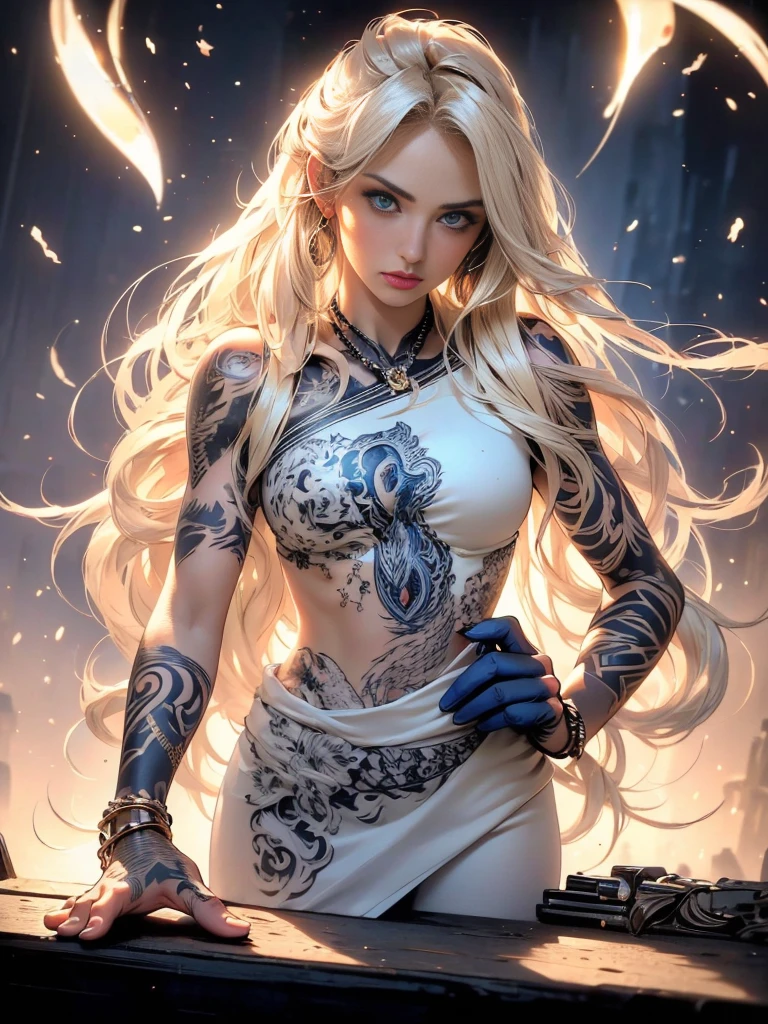 Masterpiece, medium full frame, ultra hot gorgeous young incredibly beautiful blonde femme fatale. The age is 23 years old. (long golden hair), (beautiful blue seductive eyes), (tribal tattoo on the arms), White, orange and blue colors, Hazy background, Graceful pose, (looks at the viewer), (front view), (side:1.2) full-length, magical atmosphere.