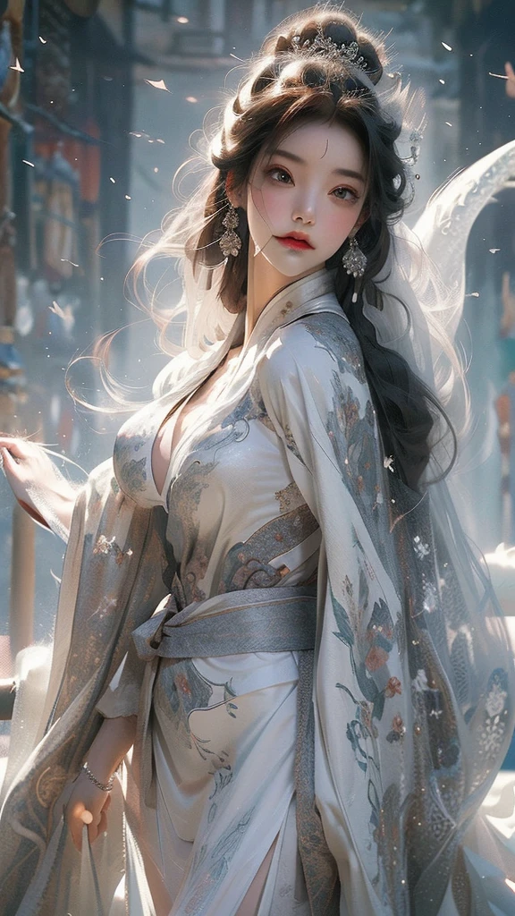 best quality,masterpiece,Ultra-high resolution,photoactual:4:0,Snow,A hot oriental woman,Crystal clear white long flowing hair,White dragon scale head style,Big breasts,thin waist,Bright white dragon scale robe,sideways,Above the waist,Close up