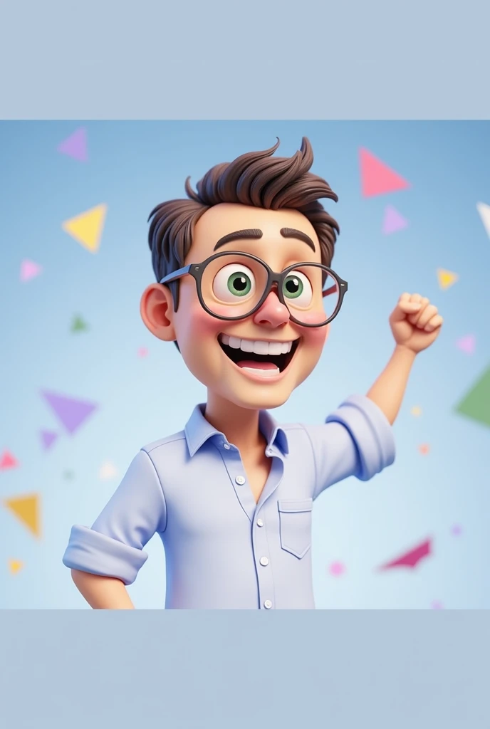 Cartoon character of a man blue shirt, 45 years old adult, an animated character, stylized character, animation style rendering, 3d stylized, One arm is raised above the head, with a clenched fist in a sign of victory.