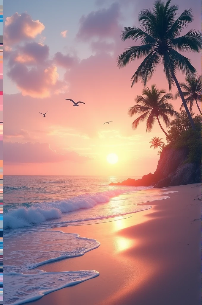 Create a summer greeting image titled 'Refreshing Breeze,' depicting a serene coastal scene at sunset. The image should feature gentle waves lapping against the shore, with a soft breeze rustling the palm trees. Include a calm, pastel-colored sky with subtle clouds. A few seagulls are soaring above, and the setting sun casts a golden hue over the water. The overall atmosphere should evoke a sense of tranquility and coolness, perfect for a late summer greeting.