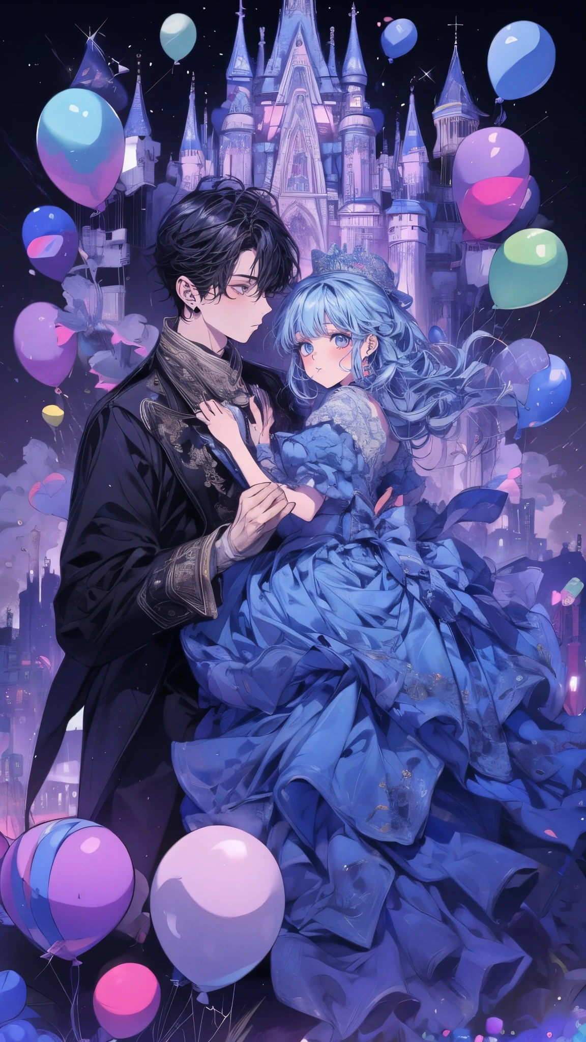 Princess、Prince、A long blue dress、Dance、Castle、firework、A lot of balloons、smile