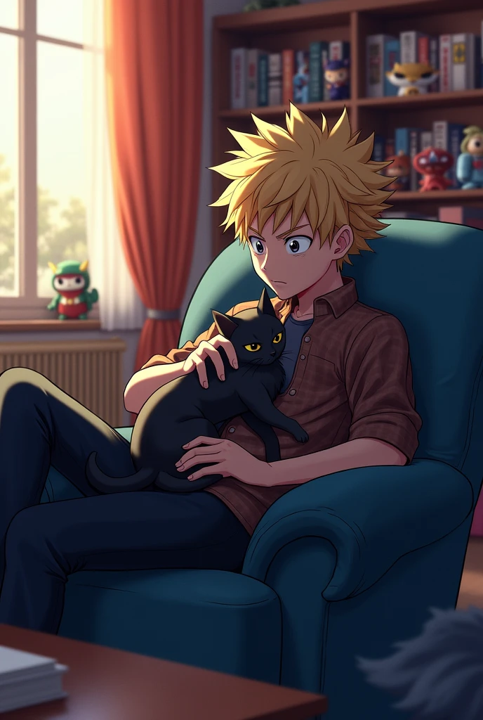 Adult Katsuki bakugo sitting on a dark blue couch with a black cat on his lap petting it with the same anime style as My hero academia