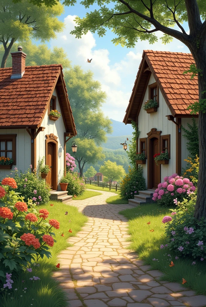 Two separate house a walkway between the house and the details with flower tree and very province simple