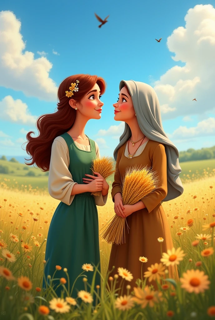 create an image that represents Ruth and Naomi from the bible in disney pixar format