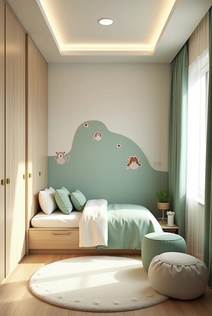 Professional 3d architecture rendering design of modern and   light moss and  so light Thunder and light cream and wooden   Modern and minimal  design for chid  bedroom  and light  cream   carpet  with animals painting and white painting wall and light wooden closet with animals painting and modern ceiling lighting and modern curtains for chid room and the child bed similar globe and safety  and cozy chair for chid and cozy carpet 