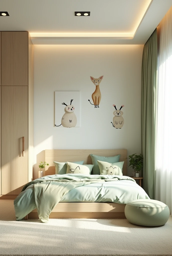 Professional 3d architecture rendering design of modern and light moss and so light Thunder and light cream and wooden Modern and minimal design for chid bedroom and light cream carpet with animals painting and white painting wall and light wooden closet with animals painting and modern ceiling lighting and modern curtains for chid room and the child bed similar globe and safety and cozy chair for chid and cozy carpet