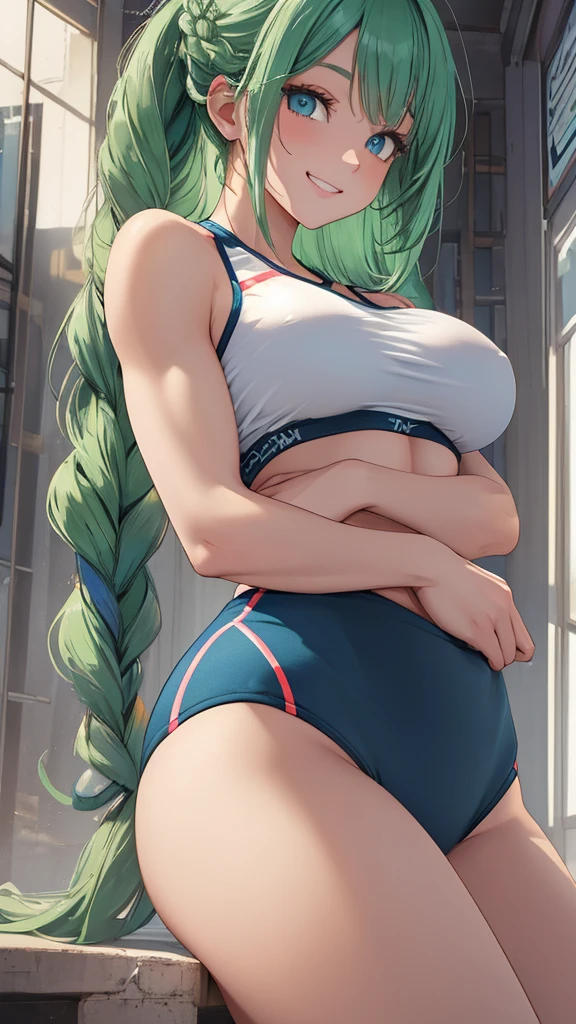 A beautiful green hair woman with three braids and deep blue eyes, gazing condescendingly at the viewer with a cute grinning expression, extremely detailed and realistic, masterpiece quality, ultra-detailed, HDR, studio lighting, vivid colors, physically-based rendering, thick muscular thighs,Cute gym clothes, large breast