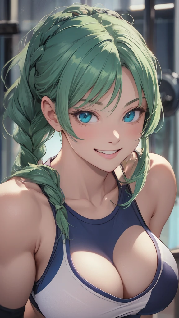 A beautiful green hair woman with three braids and deep blue eyes, gazing condescendingly at the viewer with a cute grinning expression, extremely detailed and realistic, masterpiece quality, ultra-detailed, HDR, studio lighting, vivid colors, physically-based rendering, thick muscular thighs,Cute gym clothes, large breast