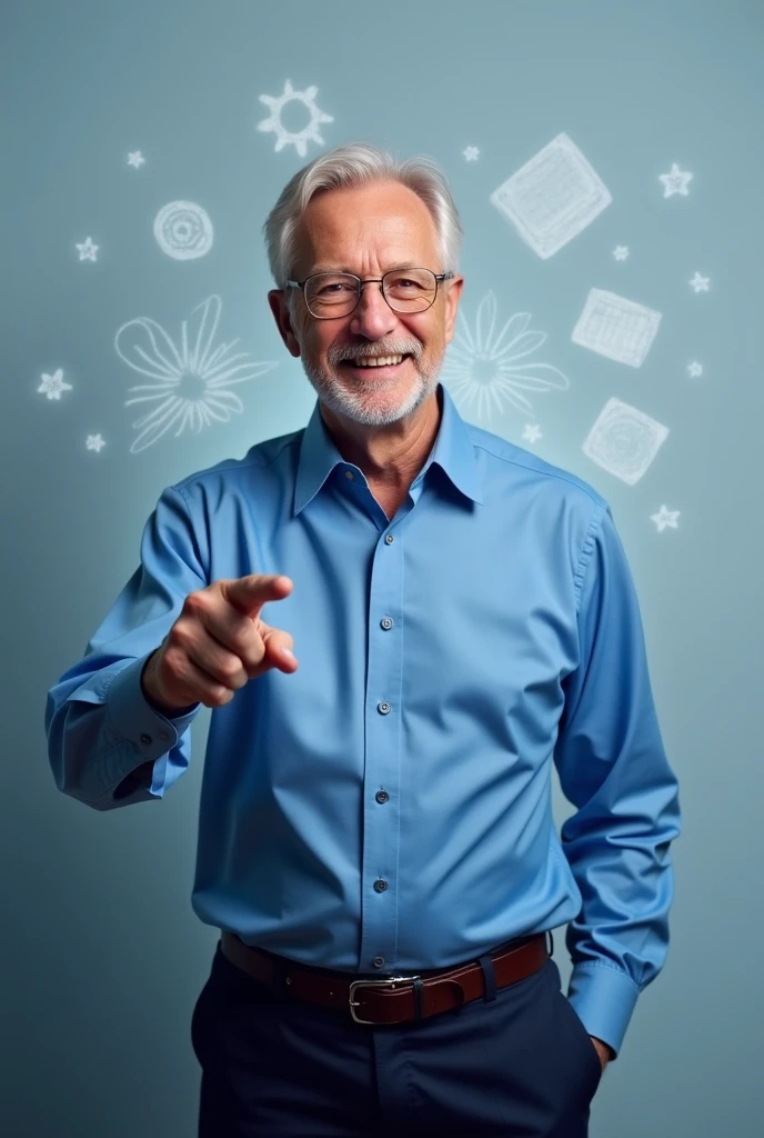 Can you make a picture of David Jonathan Andrew Held was a British political scientist who specialised in political theory and international relations. standing with blue shirt and with a blue theme make his right hand on his pocket and the left pointing in the middle