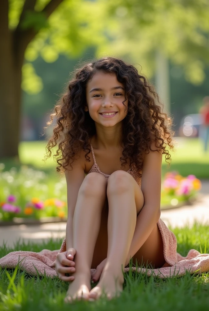 A brunette girl with curly hair and big breasts sits with her legs stretched out, taking a realistic photo