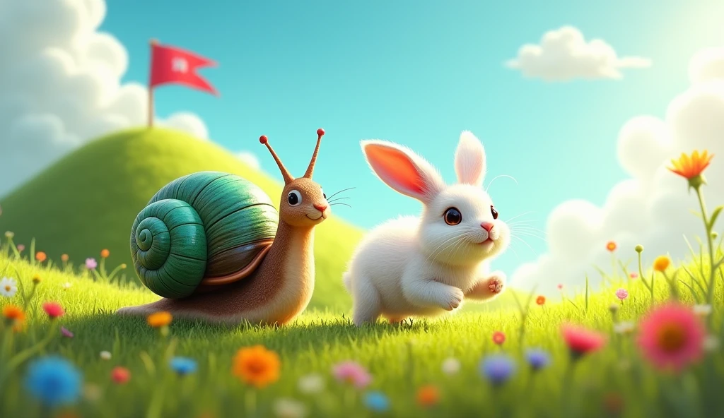 Sammy the snail and ricky the rabit start to race with the finish line at the top of the hill