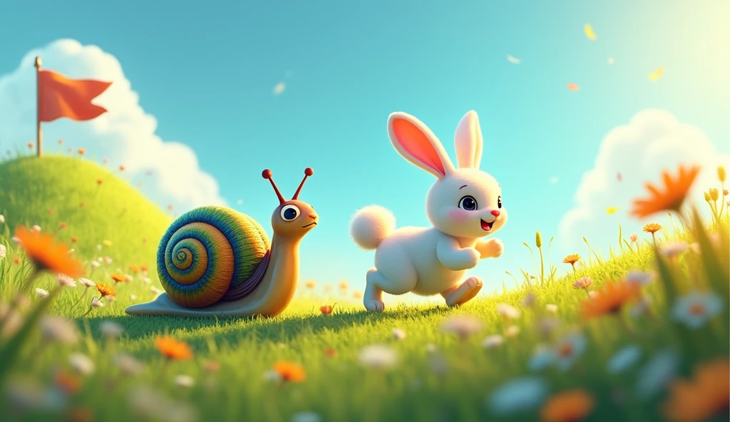 Sammy the snail and ricky the rabit start to race with the finish line at the top of the hill