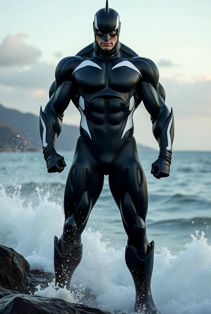 Prajurit modern rusia high-resolution, full-body image of "Orca Man," a superhero inspired by the powerful orca whale. His suit is a sleek, black-and-white ensemble that mirrors the orca’s iconic markings. The design should emphasize both strength and agility, with streamlined features like a fin-shaped helmet and subtle marine textures across the suit. Orca Man’s muscular build should be evident, capturing the essence of a hero who is both formidable and swift. The background may include elements that hint at his oceanic origins, such as waves or a coastal skyline, but the focus should remain on the character's dynamic and imposing presence.

