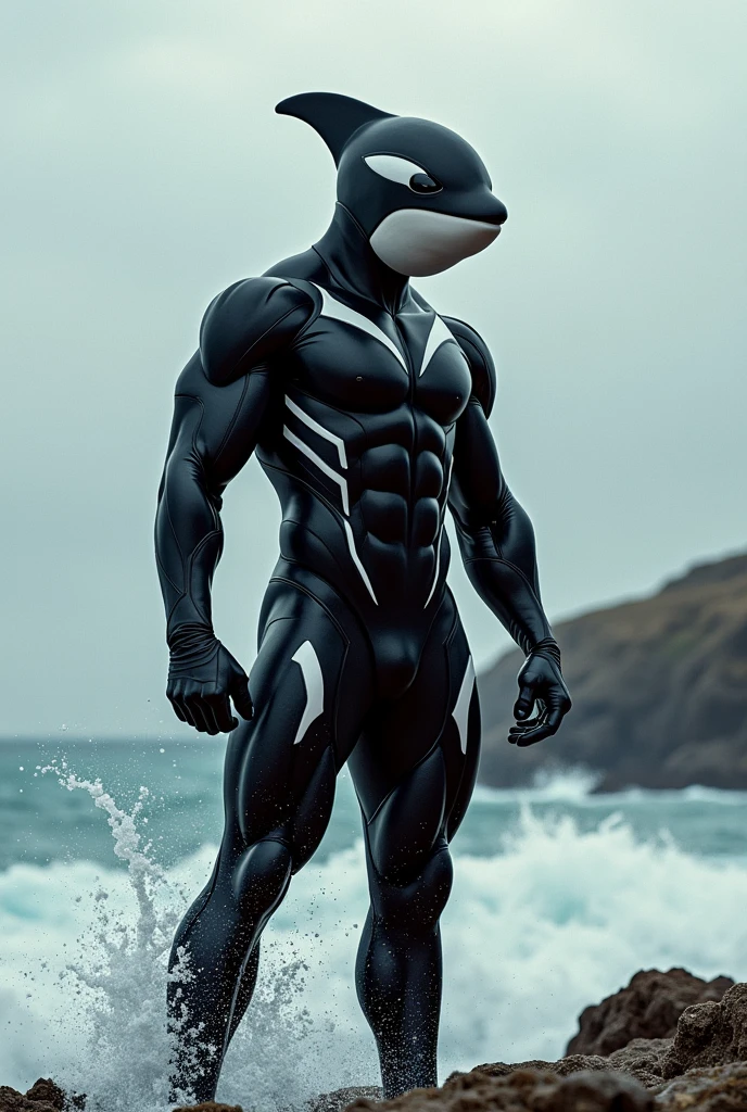 Prajurit modern rusia high-resolution, full-body image of "Orca Man," a superhero inspired by the powerful orca whale. His suit is a sleek, black-and-white ensemble that mirrors the orca’s iconic markings. The design should emphasize both strength and agility, with streamlined features like a fin-shaped helmet and subtle marine textures across the suit. Orca Man’s muscular build should be evident, capturing the essence of a hero who is both formidable and swift. The background may include elements that hint at his oceanic origins, such as waves or a coastal skyline, but the focus should remain on the character's dynamic and imposing presence.