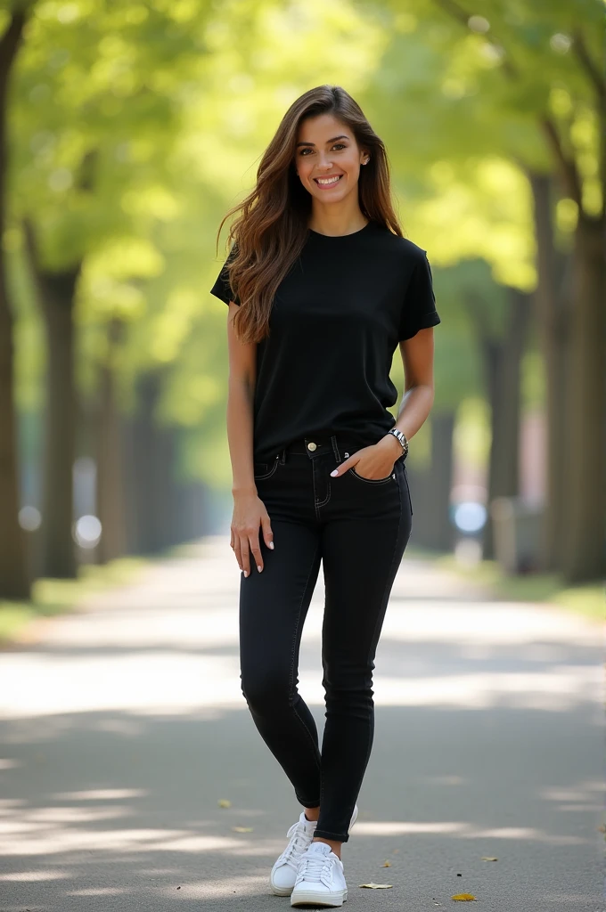 A beautiful 42 year old woman, long brown hair, black t-shirt, black jeans, white cheerleader sneakers, full body shot 