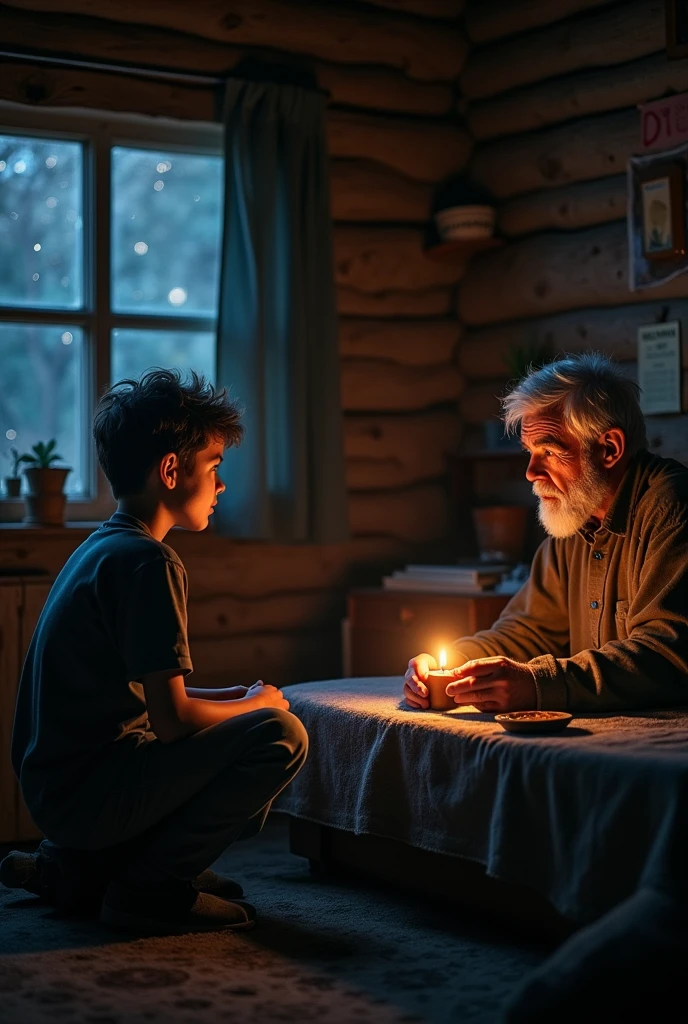 Adult boy serious discuss with their grandfather at night in village home without light 