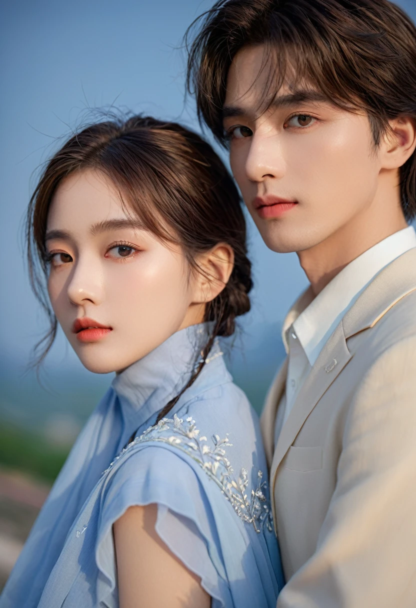 (Reality:1.4), best quality, masterpiece, Ultra-high resolution, 1 boy, duo, 1 girl, (Delicate face:1.2), (exquisite eyes:1.2), (fine hair:1.2), (Detailed clothes:1.2), 4K, male, (close eyes)