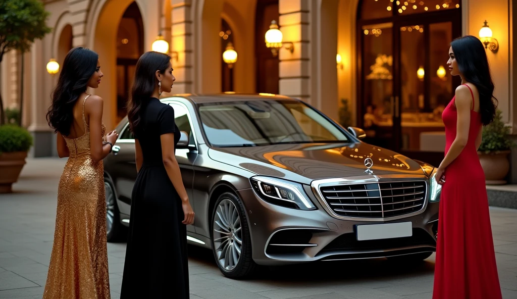 An extra luxurious car Mercedes Benz S class stops in front of a very big restaurant. There are teen girls standing who are very beautiful, one of the girls is wearing a golden frock, one is black and one is red. Those girls are shocked to see that luxurious car.  And the age of those three girls is 24 years and they are all Indians. 