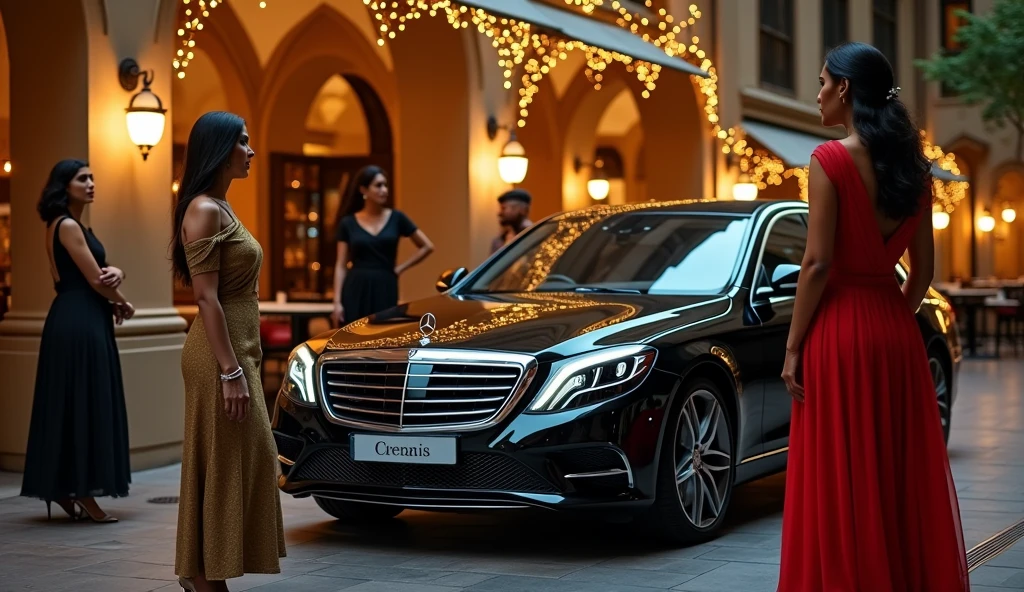 An extra luxurious car Mercedes Benz S class stops in front of a very big restaurant. There are teen girls standing who are very beautiful, one of the girls is wearing a golden frock, one is black and one is red. Those girls are shocked to see that luxurious car.  And the age of those three girls is 24 years and they are all Indians. 