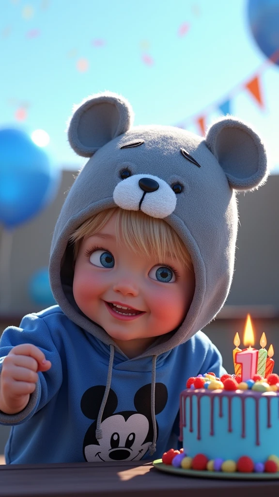 baby boy. He has light skin, short light blond hair with bangs. Blue eyes. He is smiling brightly. he is wearing a gray hat with bear face. He is wearing a blue hoodie with in mickey mouse aesthetics. Character should be colorful and have a fun, friendly look, with exaggerated, expressive features. Big expressive eyes, holdings a beautiful birthday cake celebrating his first birthday, Pixar style