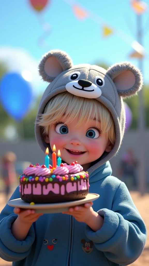 1  boy. He has light skin, short light blond hair with bangs. Blue eyes. He is smiling brightly. he is wearing a gray hat with bear face. He is wearing a blue hoodie with in mickey mouse aesthetics. Character should be colorful and have a fun, friendly look, with exaggerated, expressive features. Big expressive eyes, holdings a beautiful birthday cake celebrating  his first birthday, Pixar style