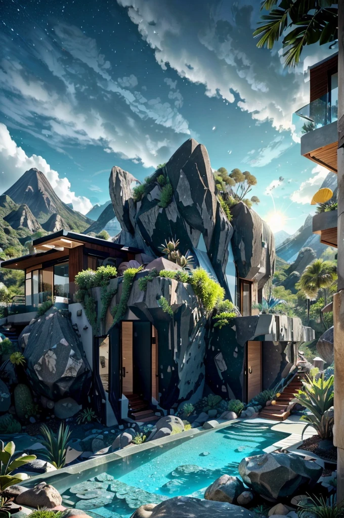 small and beautiful modern house in top of big boulders, terraces, pool, stairs, multiple cacti gardens, palms, trees, rocks, beautiful landscape design, mountains and volcano y background, amazing clouds, sun, moon, planets, milky way galaxy, concrete, wood, glass and steel materials, olive green, violet, orange and withe colors in facade