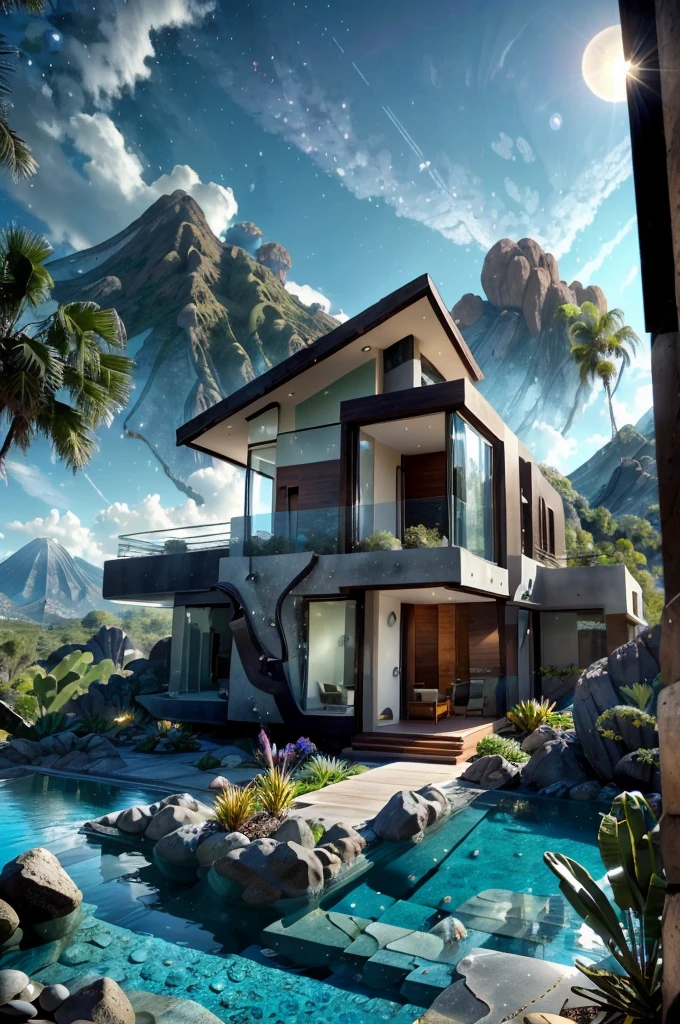 small and beautiful modern house in top of big boulders, terraces, pool, stairs, multiple cacti gardens, palms, trees, rocks, beautiful landscape design, mountains and volcano y background, amazing clouds, sun, moon, planets, milky way galaxy, concrete, wood, glass and steel materials, olive green, violet, orange and withe colors in facade